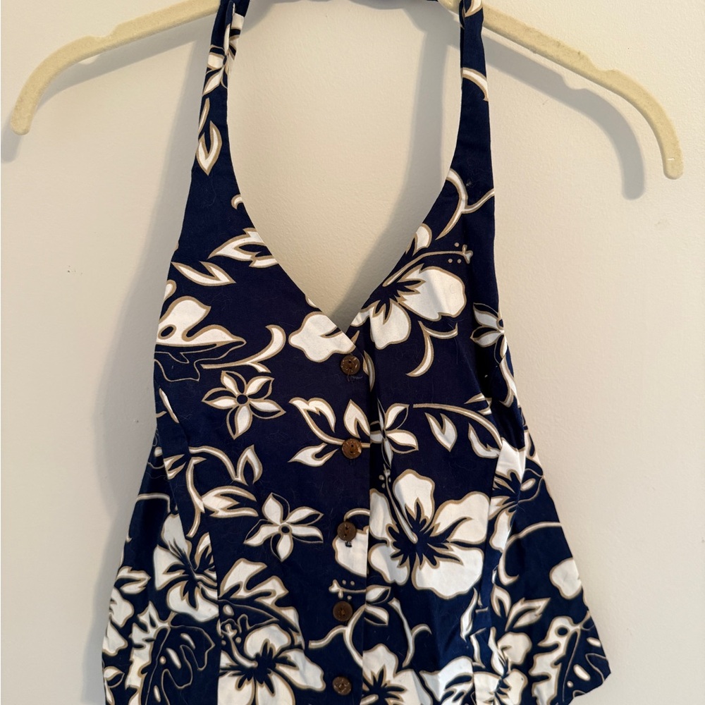 Hilo Hattie Blue and White Halter Tank Top